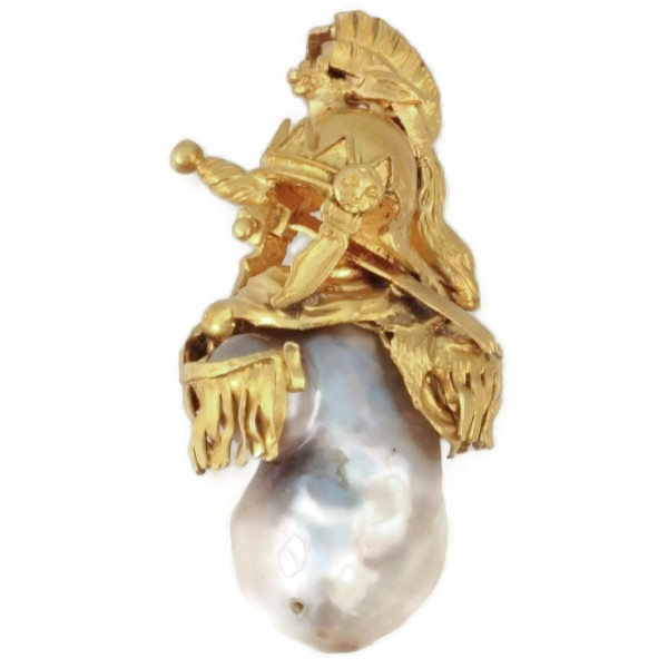 Intriguing Victorian pendant with big baroque pearl and warrior adornments